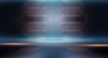 Modern minimalist, fütürist stüdyo geçmişi. Çizgileri ve ışıkları olan karanlık bir arka plan, neon ışığı, gece görüşü. Soyut mavi arkaplan. Boş sahne.