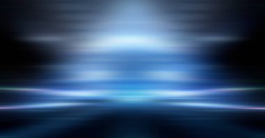 Modern minimalist, fütürist stüdyo geçmişi. Çizgileri ve ışıkları olan karanlık bir arka plan, neon ışığı, gece görüşü. Soyut mavi arkaplan. Boş sahne.