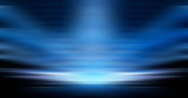 Modern minimalist, fütürist stüdyo geçmişi. Çizgileri ve ışıkları olan karanlık bir arka plan, neon ışığı, gece görüşü. Soyut mavi arkaplan. Boş sahne.