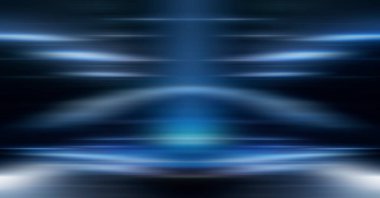 Modern minimalist, fütürist stüdyo geçmişi. Çizgileri ve ışıkları olan karanlık bir arka plan, neon ışığı, gece görüşü. Soyut mavi arkaplan. Boş sahne.