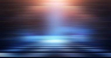 Modern minimalist, fütürist stüdyo geçmişi. Çizgileri ve ışıkları olan karanlık bir arka plan, neon ışığı, gece görüşü. Soyut mavi arkaplan. Boş sahne.