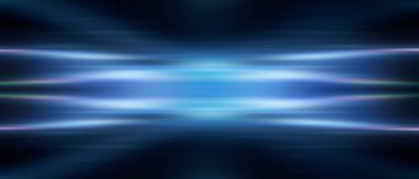 Modern minimalist, fütürist stüdyo geçmişi. Çizgileri ve ışıkları olan karanlık bir arka plan, neon ışığı, gece görüşü. Soyut mavi arkaplan. Boş sahne.