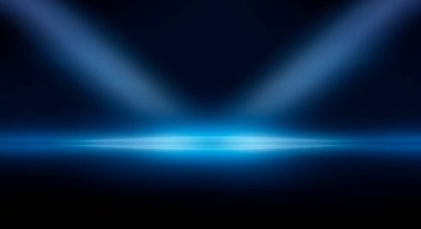 Modern minimalist, fütürist stüdyo geçmişi. Çizgileri ve ışıkları olan karanlık bir arka plan, neon ışığı, gece görüşü. Soyut mavi arkaplan. Boş sahne.
