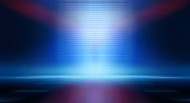 Modern minimalist, fütürist stüdyo geçmişi. Çizgileri ve ışıkları olan karanlık bir arka plan, neon ışığı, gece görüşü. Soyut mavi arkaplan. Boş sahne.