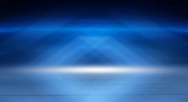 现代简约主义 未来主义工作室背景 深色背景 线条和聚光灯 霓虹灯 摘要蓝色背景 空舞台 — 图库照片