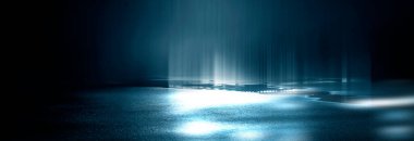 Işık efekti, bulanık arkaplan. Islak asfalt, şehrin gece görüşü, beton zeminde neon yansımalar. Gece boş sahne, stüdyo. Karanlık soyut arka plan, karanlık boş sokak. Gece şehri.