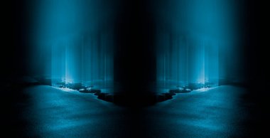 Işık efekti, bulanık arkaplan. Islak asfalt, şehrin gece görüşü, beton zeminde neon yansımalar. Gece boş sahne, stüdyo. Karanlık soyut arka plan, karanlık boş sokak. Gece şehri.