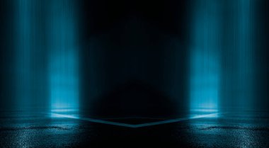 Işık efekti, bulanık arkaplan. Islak asfalt, şehrin gece görüşü, beton zeminde neon yansımalar. Gece boş sahne, stüdyo. Karanlık soyut arka plan, karanlık boş sokak. Gece şehri.