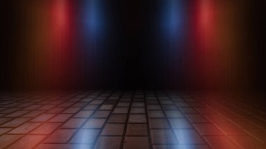 Boş arka plan sahnesi. Islak asfaltta karanlık sokak yansıması, sis. Karanlıkta ışık huzmeleri, neon figürler, duman. Boş sahne gösterisinin arka planı. Soyut koyu arkaplan.
