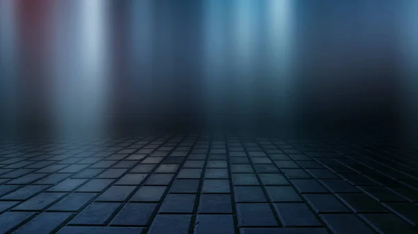 Empty Background Scene Dark Street Reflection Wet Asphalt Fog Rays — Stock Photo, Image