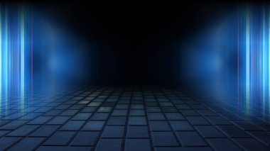 Boş arka plan sahnesi. Islak asfaltta karanlık sokak yansıması, sis. Karanlıkta ışık huzmeleri, neon figürler, duman. Boş sahne gösterisinin arka planı. Soyut koyu arkaplan.