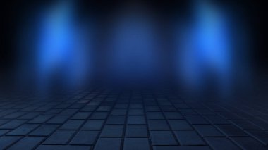 Boş arka plan sahnesi. Islak asfaltta karanlık sokak yansıması, sis. Karanlıkta ışık huzmeleri, neon figürler, duman. Boş sahne gösterisinin arka planı. Soyut koyu arkaplan.