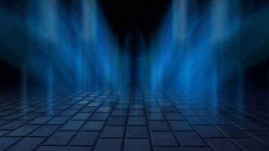 Boş arka plan sahnesi. Islak asfaltta karanlık sokak yansıması, sis. Karanlıkta ışık huzmeleri, neon figürler, duman. Boş sahne gösterisinin arka planı. Soyut koyu arkaplan.