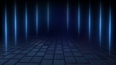 Boş arka plan sahnesi. Islak asfaltta karanlık sokak yansıması, sis. Karanlıkta ışık huzmeleri, neon figürler, duman. Boş sahne gösterisinin arka planı. Soyut koyu arkaplan.