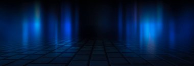 Boş arka plan sahnesi. Islak asfaltta karanlık sokak yansıması, sis. Karanlıkta ışık huzmeleri, neon figürler, duman. Boş sahne gösterisinin arka planı. Soyut koyu arkaplan.