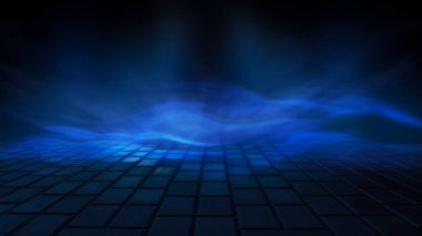 Boş arka plan sahnesi. Islak asfaltta karanlık sokak yansıması, sis. Karanlıkta ışık huzmeleri, neon figürler, duman. Boş sahne gösterisinin arka planı. Soyut koyu arkaplan.