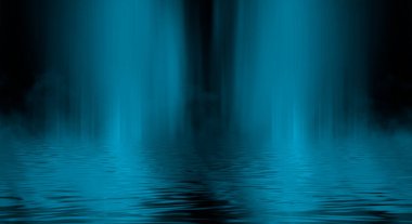 Boş gelecekçi dramatik sahne. Soyut karanlık manzara, sokak. Neon ışığı sıvısı elementi. Gece görüşü, neon mavi ışık. Fantezi arka planı. 3B illüstrasyon