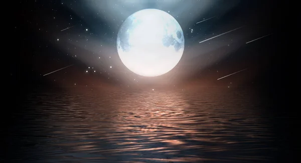 Nacht Futuristisch Landschap Zeegezicht Reflectie Het Water Lege Nachtscène Illustratie — Stockfoto