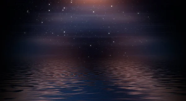 Éjszakai Futurisztikus Táj Tengerpart Tükröződés Vízben Üres Éjszakai Jelenet Illusztráció — Stock Fotó