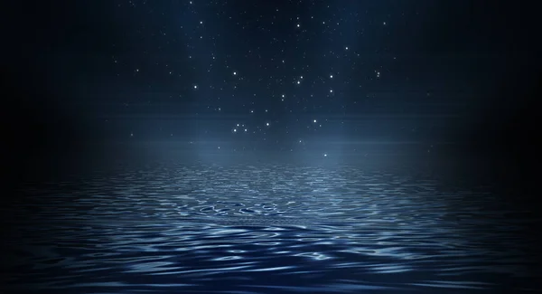 Nattlig Futuristiskt Landskap Havsutsikt Reflektion Vattnet Tomma Kvällsscenen Illustration — Stockfoto