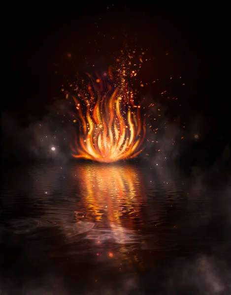 Magic fire, flame, reflection in water, night view. Fantasy background, red and orange accent. 3D illustration.