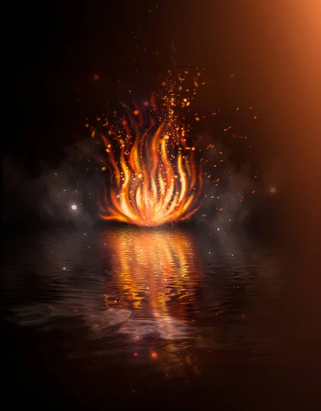 Magisch Vuur Vlam Reflectie Het Water Nachtzicht Fantasie Achtergrond Rood — Stockfoto