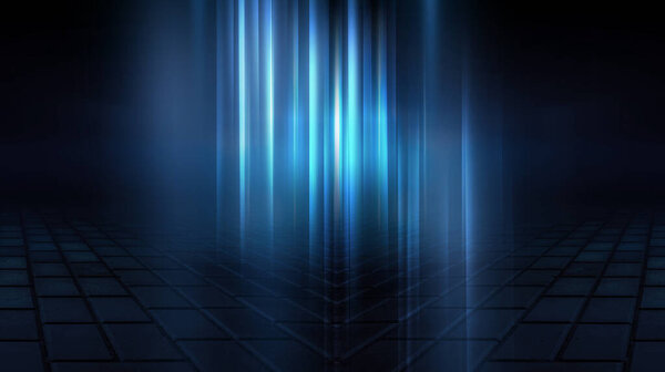 Темный абстрактный фон. Пустой темный фон на улице ночью. Свет отражается на асфальте, тускнеют ночные огни. Дым, туман. 