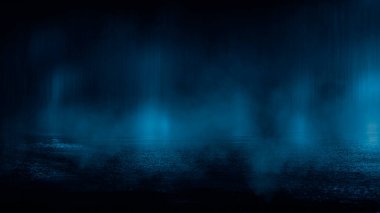 Karanlık, ıslak bir sokak, asfalt, neon ışığı. Sudaki neonun yansıması. Boş gece sokak sahnesi, gece şehri, duman. soyut karanlık sahne soyut gece manzarası neon mavi ışıklı ağaç siluetleri su ayışığı mekanını yansıtıyor