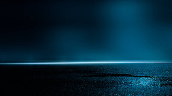 Dark cold wet street, asphalt, neon light. Reflection of neon in water. Empty night street scene, night city, smoke. abstract dark empty scene abstract night landscape neon blue light tree silhouettes reflection water moonlight light place