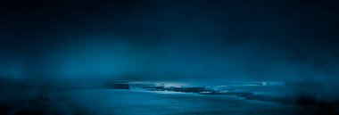 Karanlık, ıslak bir sokak, asfalt, neon ışığı. Sudaki neonun yansıması. Boş gece sokak sahnesi, gece şehri, duman. soyut karanlık sahne soyut gece manzarası neon mavi ışık ağacı siluetleri yansıtan su ay ışığı sisli