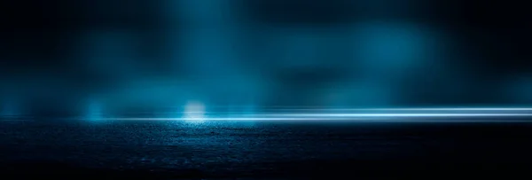 Dark cold wet street, asphalt, neon light. Reflection of neon in water. Empty night street scene, night city, smoke. abstract dark empty scene abstract night landscape neon blue light tree silhouettes reflection water moonlight light misty