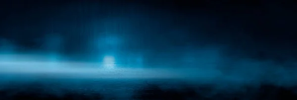 Dark cold wet street, asphalt, neon light. Reflection of neon in water. Empty night street scene, night city, smoke. abstract dark empty scene abstract night landscape neon blue light tree silhouettes reflection water moonlight light misty