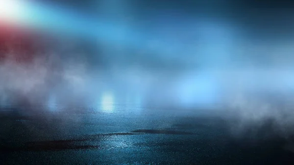 Dark Cold Wet Street Asphalt Neon Light Reflection Neon Water — Stock Photo, Image