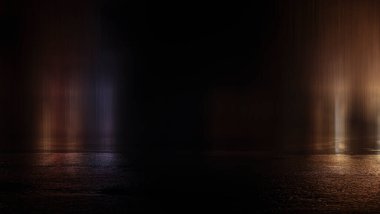 Karanlık sokak, ıslak asfalt, sudaki ışınların yansımaları. Soyut koyu mavi arka plan, duman, duman. Boş karanlık sahne, neon ışıklar, spot ışıkları. Beton zemin