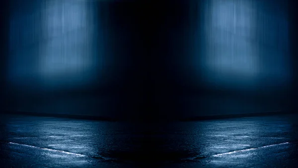 Dark street, wet asphalt, reflections of rays in the water. Abstract dark blue background, smoke, smog. Empty dark scene, neon light, spotlights. Concrete floor