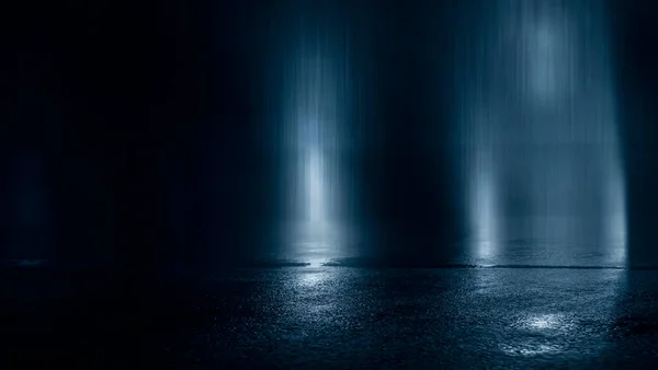 黑暗的街道 潮湿的沥青 光线在水中反射 深蓝色背景 空旷的黑暗场景霓虹灯聚光灯混凝土地面 — 图库照片