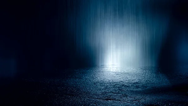 Dark Street Wet Asphalt Reflections Rays Water Abstract Dark Blue — Stock Photo, Image