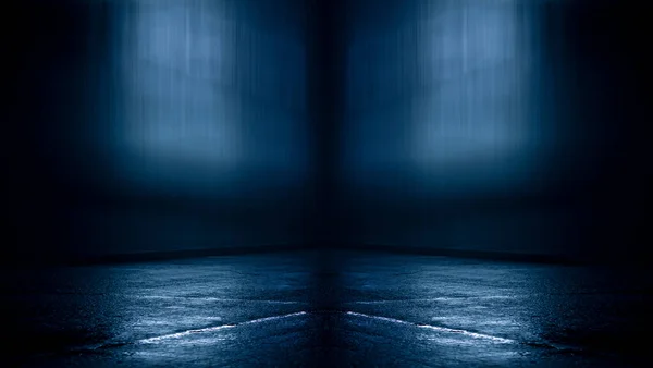 Dark street, wet asphalt, reflections of rays in the water. Abstract dark blue background, smoke, smog. Empty dark scene, neon light, spotlights. Concrete floor