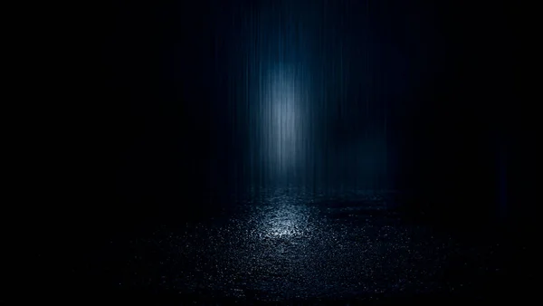 Calle Oscura Asfalto Mojado Reflejos Rayos Agua Fondo Azul Oscuro — Foto de Stock
