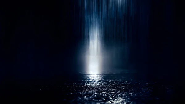Темная Улица Мокрый Асфальт Отражения Лучей Воде Абстрактный Темно Синий — стоковое фото