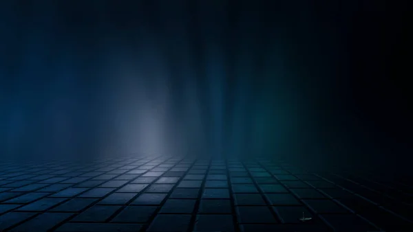 Dark street, wet asphalt, reflections of rays in the water. Abstract dark blue background, smoke, smog. Empty dark scene, neon light, spotlights. Concrete floor