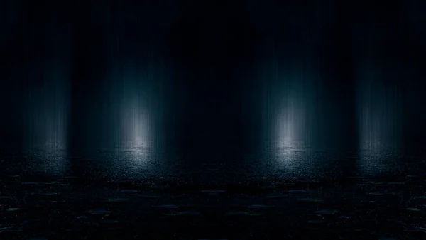 黑暗的街道 潮湿的沥青 光线在水中反射 深蓝色背景 空旷的黑暗场景霓虹灯聚光灯混凝土地面 — 图库照片