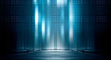 Karanlık sokak, ıslak asfalt, sudaki ışınların yansımaları. Soyut koyu mavi arka plan, duman, duman. Boş karanlık sahne, neon ışıklar, spot ışıkları. Beton zemin