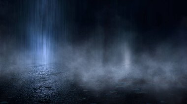 Karanlık sokak, ıslak asfalt, sudaki ışınların yansımaları. Soyut koyu mavi arka plan, duman, duman. Boş karanlık sahne, neon ışıklar, spot ışıkları. Beton zemin