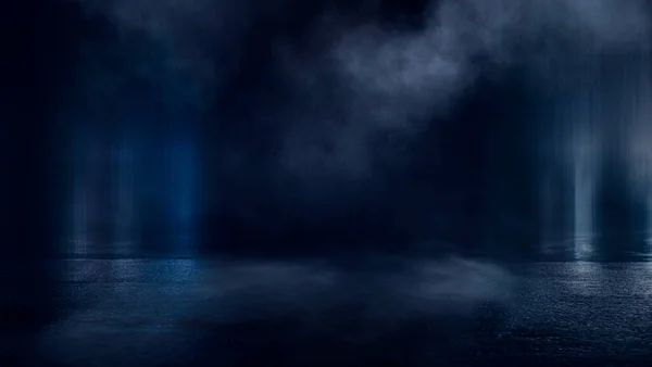 Dark street, wet asphalt, reflections of rays in the water. Abstract dark blue background, smoke, smog. Empty dark scene, neon light, spotlights. Concrete floor