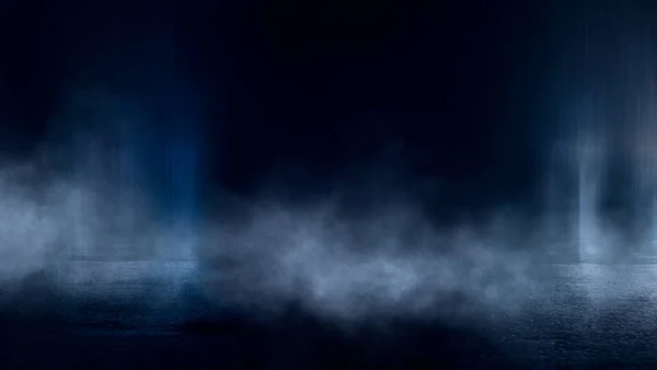 Sötét Utca Nedves Aszfalt Sugarak Tükröződése Vízben Absztrakt Sötétkék Háttér — Stock Fotó