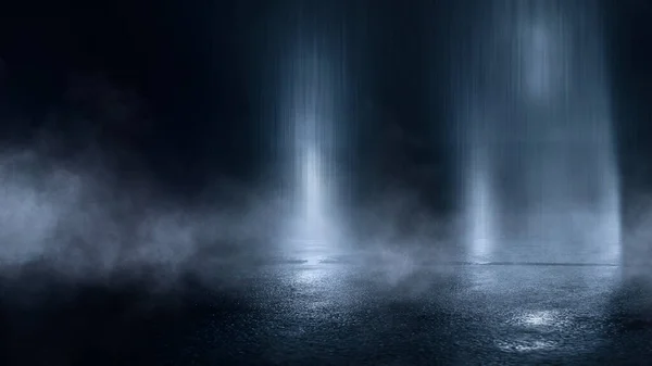 Calle Oscura Asfalto Mojado Reflejos Rayos Agua Fondo Azul Oscuro — Foto de Stock