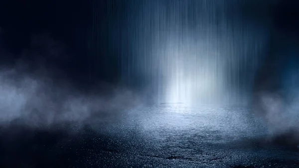 Dark street, wet asphalt, reflections of rays in the water. Abstract dark blue background, smoke, smog. Empty dark scene, neon light, spotlights. Concrete floor