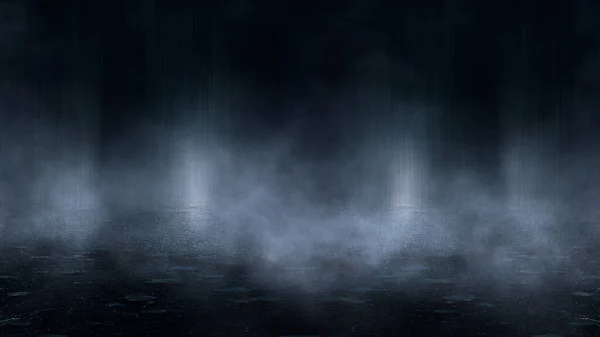 暗い通り 湿ったアスファルト 水の中の光線の反射 抽象ダークブルーの背景 スモッグ 空の暗いシーンネオンスポットライト コンクリート床 — ストック写真