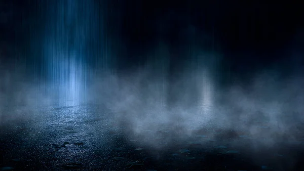 Dark street, wet asphalt, reflections of rays in the water. Abstract dark blue background, smoke, smog. Empty dark scene, neon light, spotlights. Concrete floor